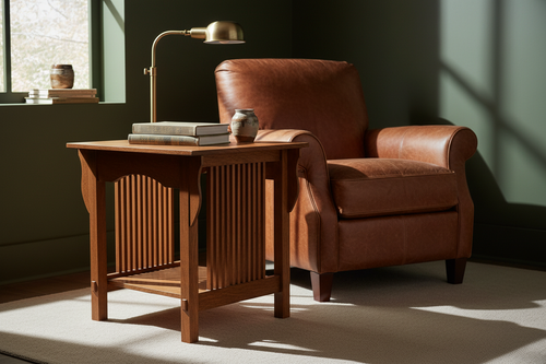 Arts & Crafts End Table in a moody olive reading nook