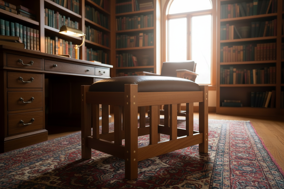 Brighter dark academia study with the Morris Footstool