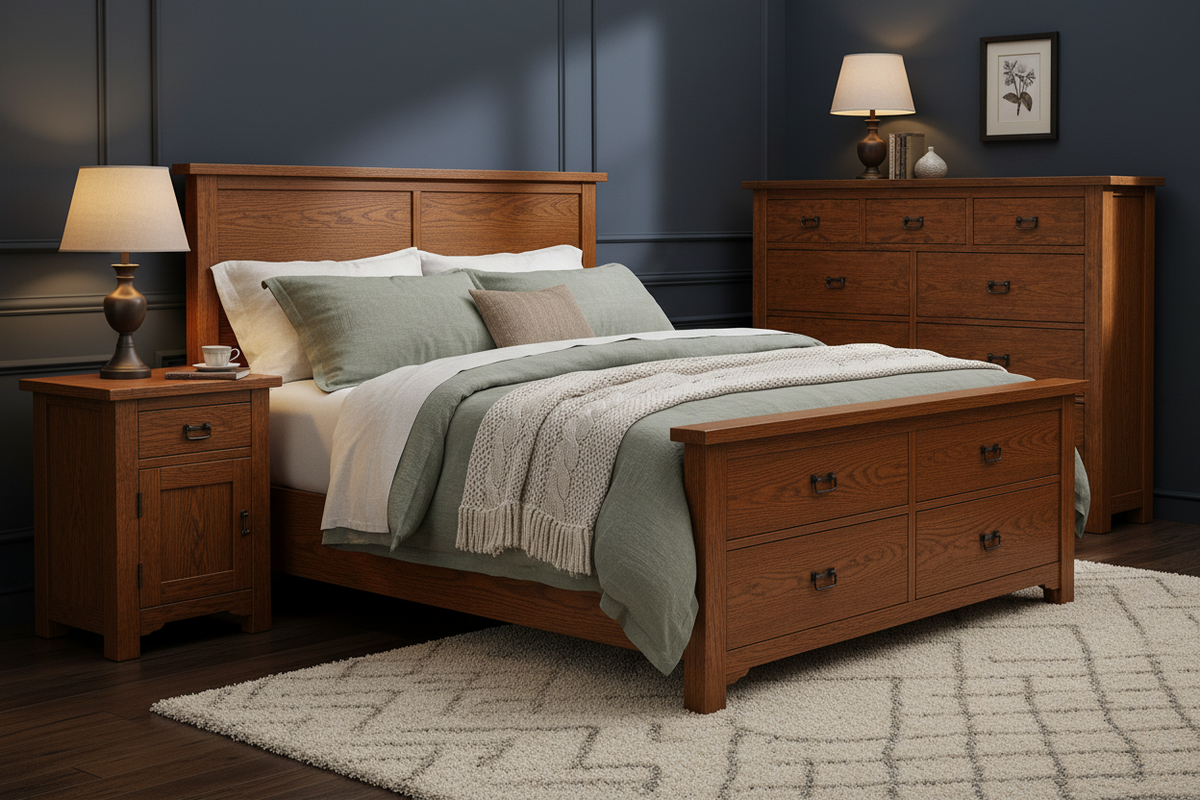 Cozy dark-wall bedroom with the Mission Style Dresser & Nightstand