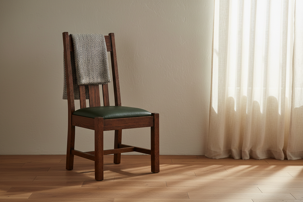 Saturn Side Chair against a plaster wall with wool throw